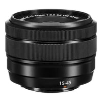 Black camera lens with specifications on a white background