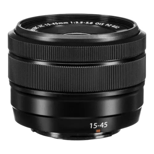 Black camera lens with specifications on a white background