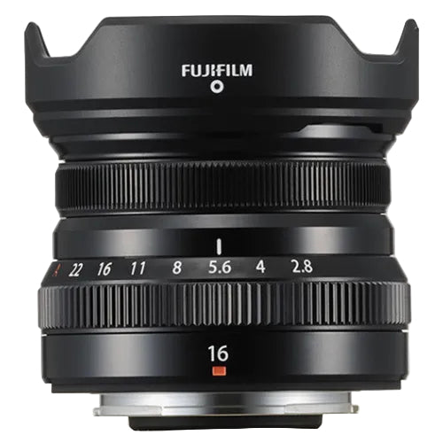 Fujifilm camera lens with focus and aperture details on a white background