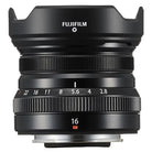 Fujifilm camera lens with focus and aperture details on a white background