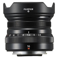 Fujifilm camera lens with focus and aperture details on a white background