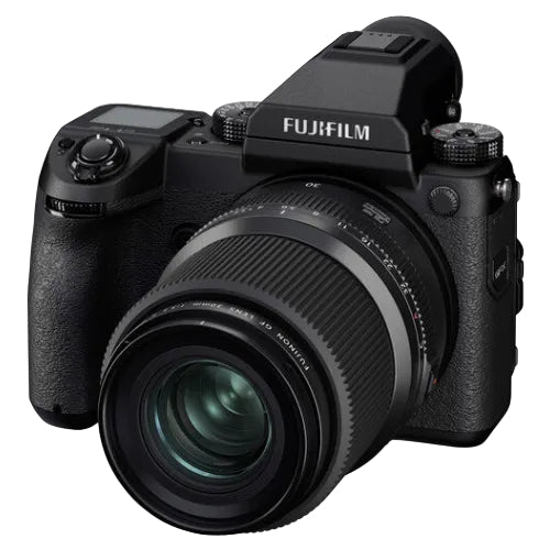 A black Fujifilm mirrorless camera body with a zoom lens, shown from a three-quarters angle on a solid white background.