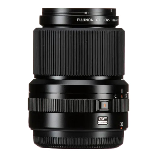 Fujinon GF 30mm lens in black with textured grip rings and a small orange accent on the focus switch, shown against a plain white background.