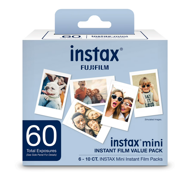 Fujifilm Instax instant film packaging with photos on a light blue background