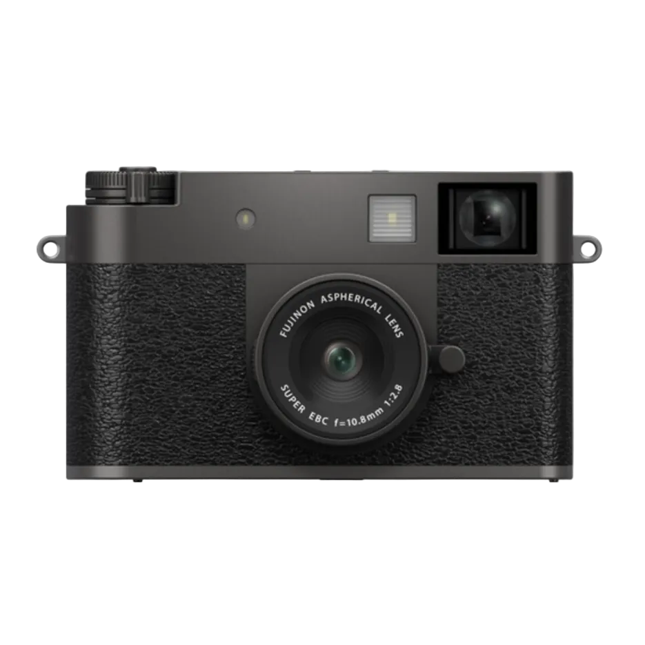 Black camera with textured finish on a white background