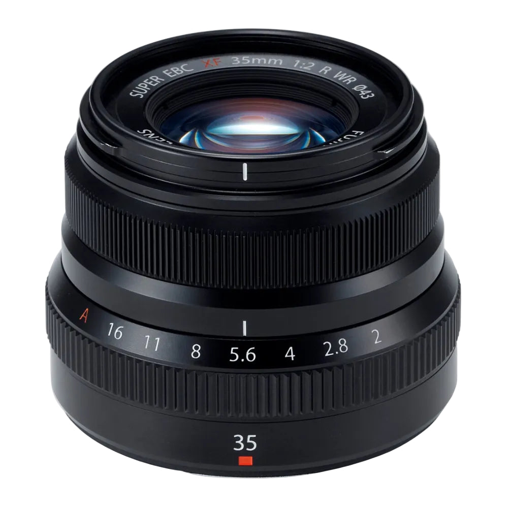 Camera lens with focus and aperture controls on a white background