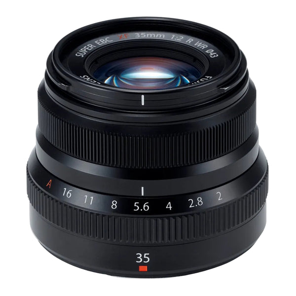 Camera lens with focus and aperture controls on a white background