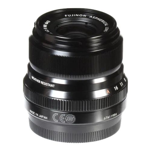 Fujinon Aspherical Lens 16mm F2.8 WR weather-resistant camera lens in black, shown on a white background.