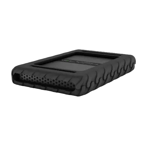Black external hard drive with textured surface on a white background
