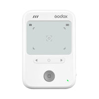 A white Godox handheld wireless flash controller with a gray LCD screen, directional buttons, and a central power button, shown on a solid white background.