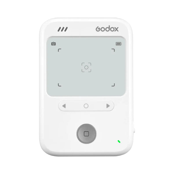 A white Godox handheld wireless flash controller with a gray LCD screen, directional buttons, and a central power button, shown on a solid white background.