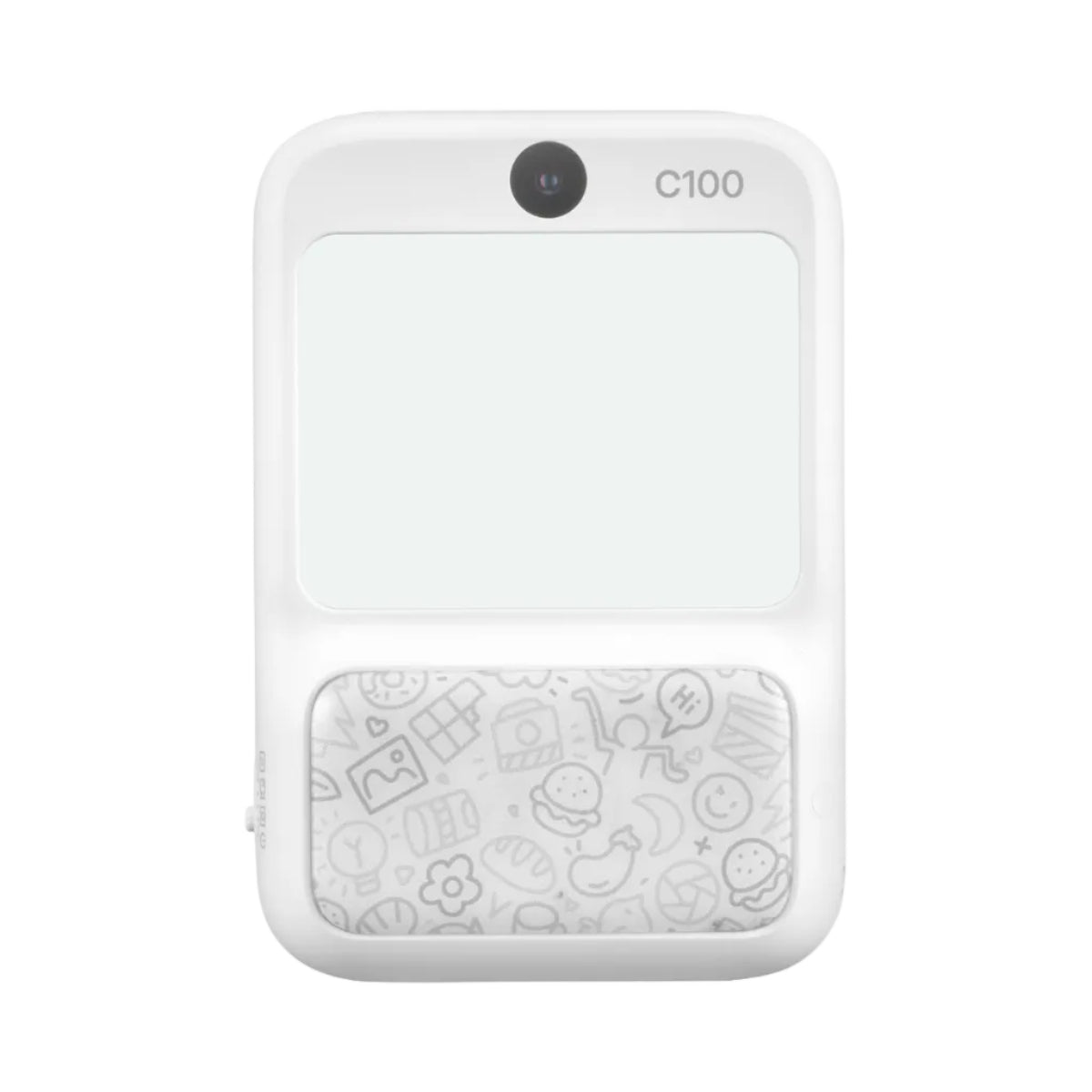 A white electronic baby monitor or remote control device labeled 'C100' at the top right, featuring a large blank white display area and a lower patterned panel with light gray doodle icons.