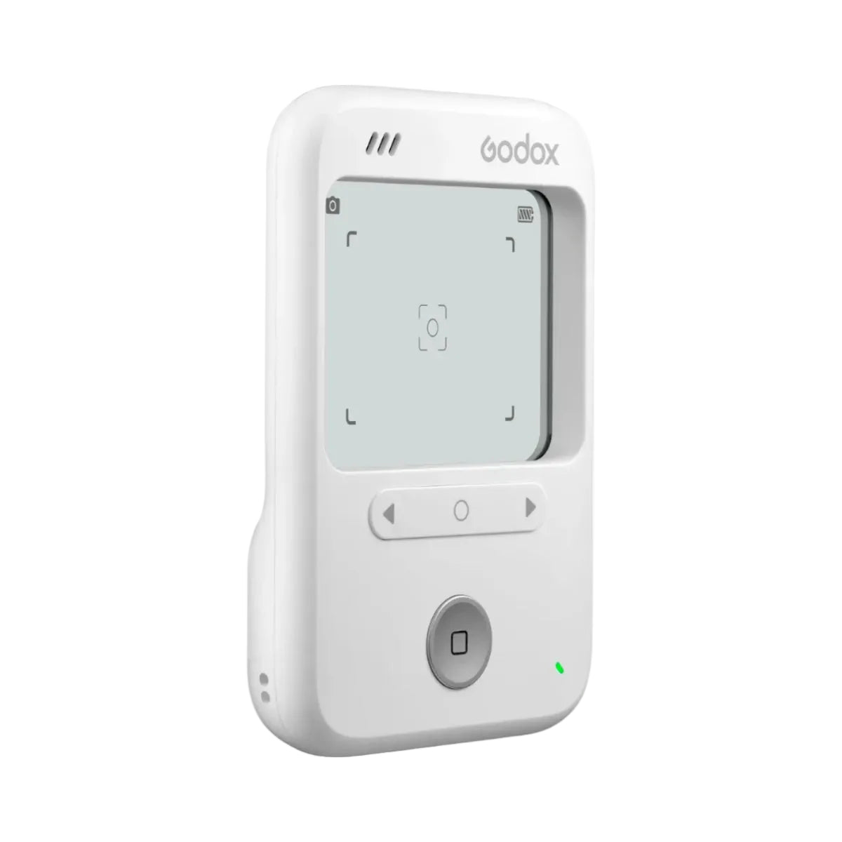 A white Godox wireless remote control with a digital display screen, three control buttons, and a central power button, shown on a solid white background.