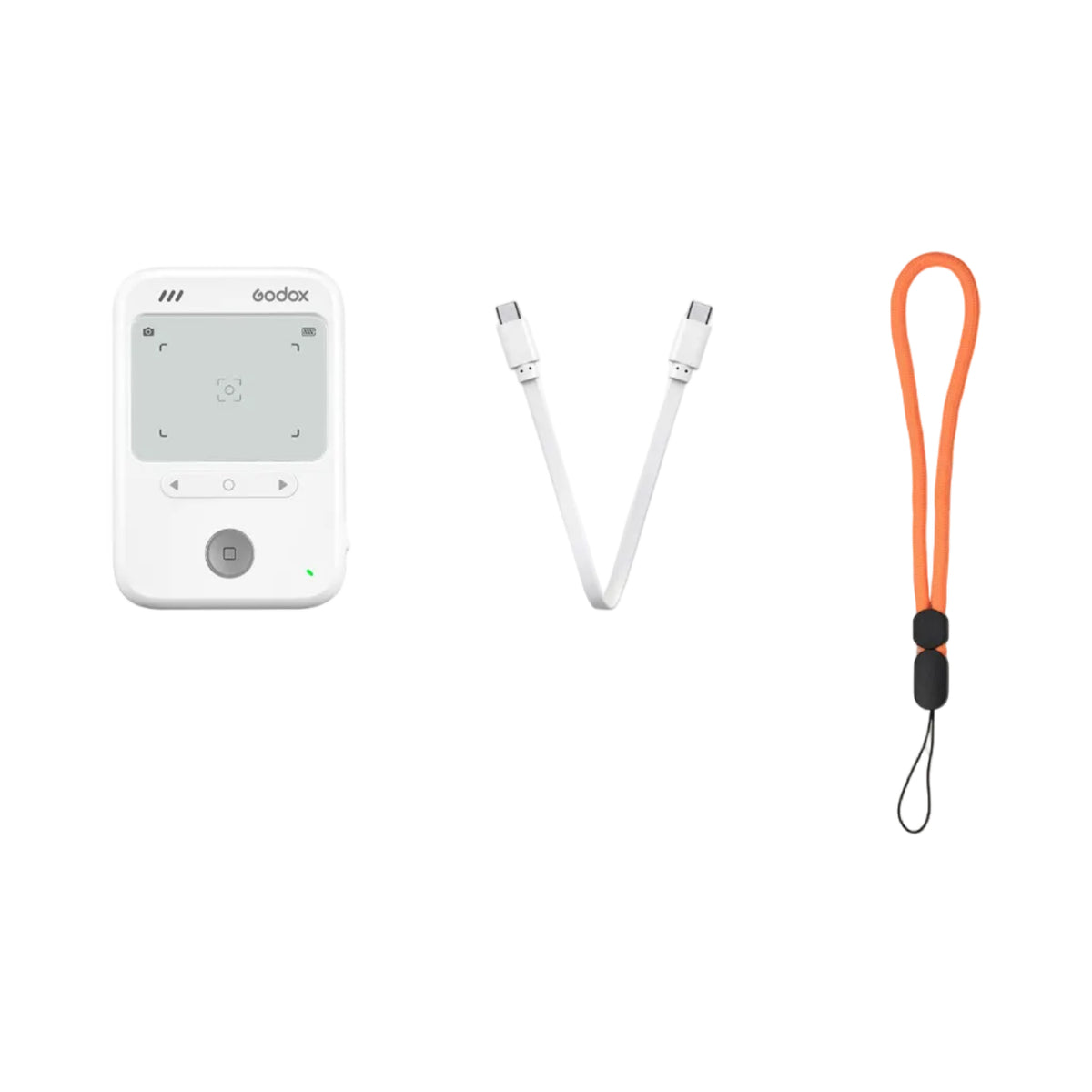 A Godox wireless remote control kit on a white background, featuring a white remote with a gray LCD screen, a white Y-shaped USB-C cable, and an orange wrist strap.