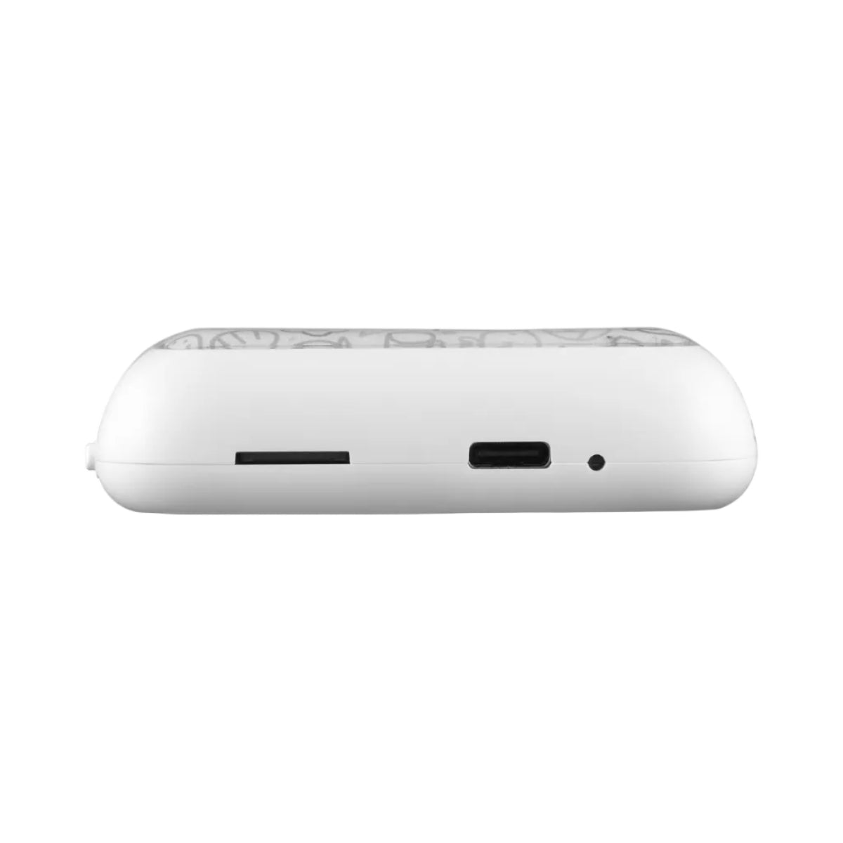 A close-up side view of a white electronic device, likely a portable power bank or similar battery pack, showing a USB-C port, a slot card reader, and a small headphone jack on a plain white background.