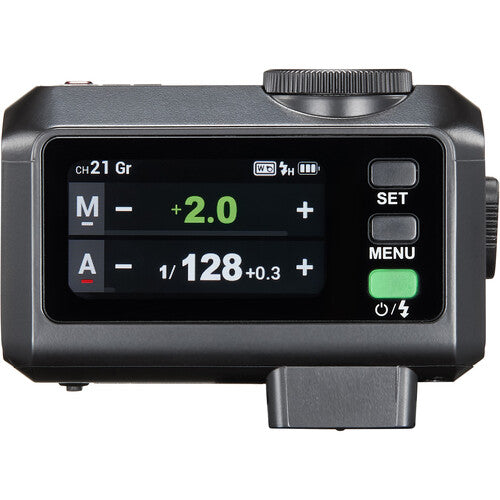 Black electronic device with digital display and control buttons on a white background