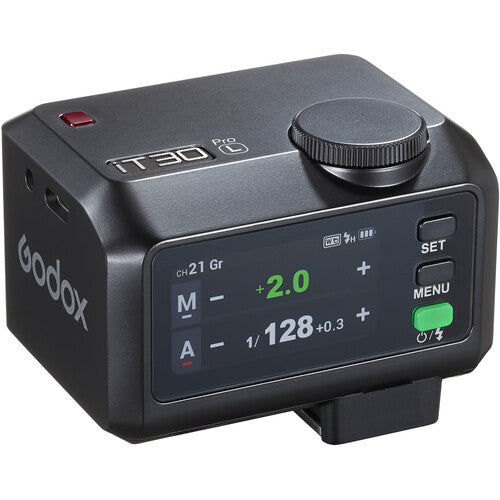 Godox camera flash controller with digital display on a white background