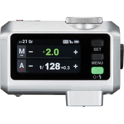 Silver electronic device with digital display on a white background