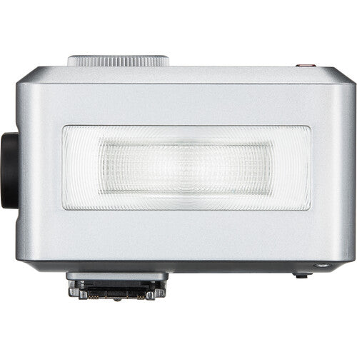 Silver electronic device with a rectangular component on a white background