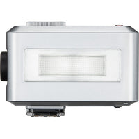 Silver electronic device with a rectangular component on a white background