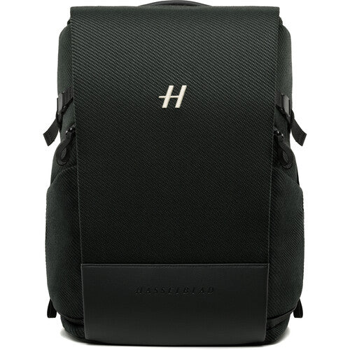 Black backpack with a brand logo on a white background