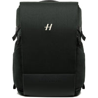 Black backpack with a brand logo on a white background