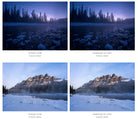 A 2x2 comparison grid showing a winter landscape with a rocky shoreline, snow-covered ground, and a mountain or cliff in the distance under a blue twilight sky. Each panel contains a labeled version: 'WITHOUT FILTER' and 'HAZELBLAD UV FILTER,' with photographer credit '© QUANTI ZHANG' below each photo.