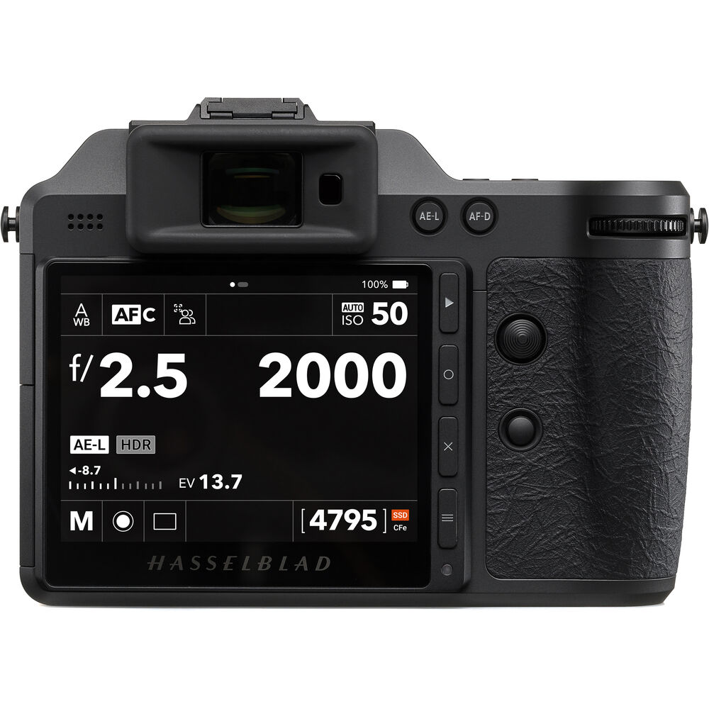 Hasselblad camera with display showing settings on a white background