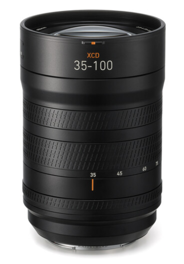 Black camera lens with 'XCD' and '35-100' text on a white background