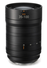 Black camera lens with 'XCD' and '35-100' text on a white background