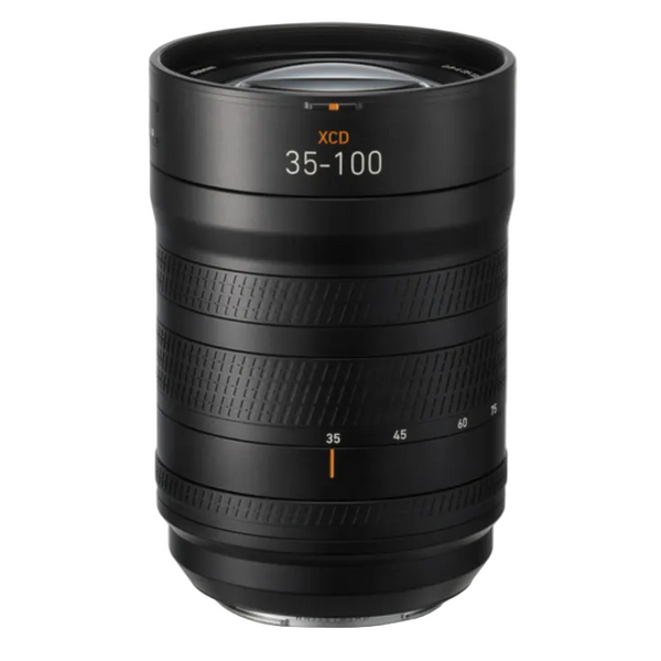 Black camera lens with 'XCD' and '35-100' text on a white background