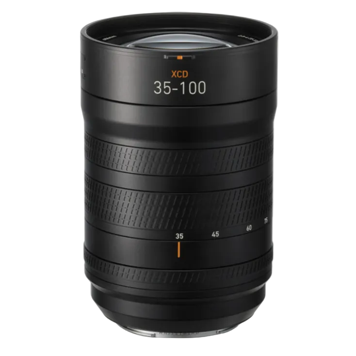 Black camera lens with 'XCD' and '35-100' text on a white background
