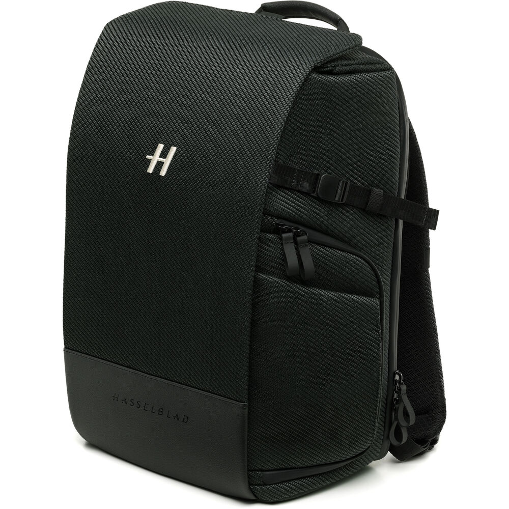 Black backpack with a brand logo on a white background