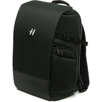 Black backpack with a brand logo on a white background