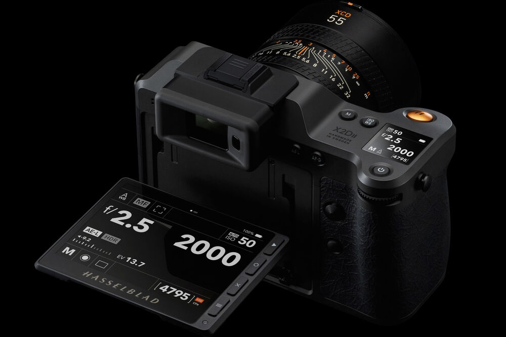 Camera lens and digital display with exposure settings on a black background