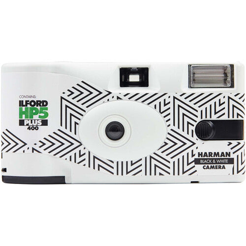 Harman black and white camera with geometric pattern on a white background