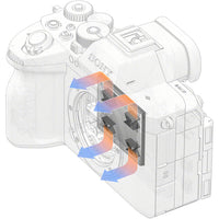 Diagram of a Sony camera with labeled parts and color-coded arrows on a white background