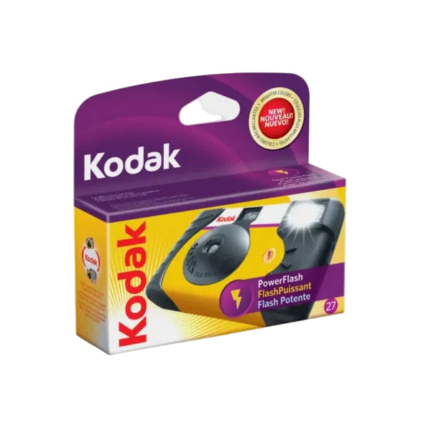 Kodak PowerFlash film canister in its retail packaging, featuring a purple and yellow box with a picture of the yellow and black camera and a built-in flash illustration.