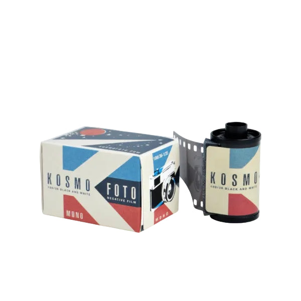 Kosmo Foto film canister and packaging on a white background