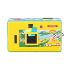 A retro-style toy camera with a bright yellow body and a blue border, decorated with a colorful tropical beach scene illustration on the front.