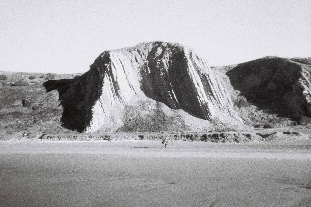Black and white photograph of a landscape of desert mountains shot using lomography lady grey film