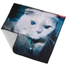A square fleece blanket featuring a printed close-up image of a white cat with blue eyes, shown on a clean white background with one corner folded over to reveal the gray reverse side.