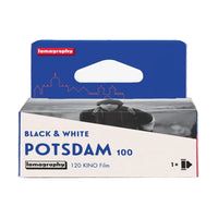Lomography Potsdam 100 Black & White 120 Kino Film in its original retail packaging, featuring a blue and white cardboard box with a hanging tab.