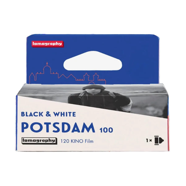 Lomography Potsdam 100 Black & White 120 Kino Film in its original retail packaging, featuring a blue and white cardboard box with a hanging tab.