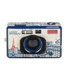 Vintage-style camera with blue and white design on a white background