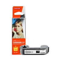Lomochrome Classicolor 200 color negative film roll with its retail packaging, featuring an orange and white box with a model photograph on a white background.