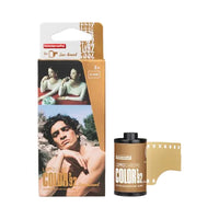 Lomography Color 35mm negative film package with a roll of film and a partially unrolled strip, shown on a white background.