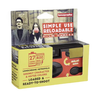 Lomography Simple Use Reloadable Film Camera packaging featuring the camera and information about the product.
