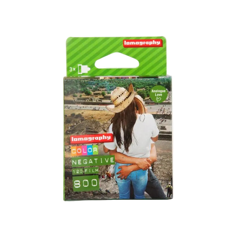 Lomography film packaging with a scenic photo on a white background