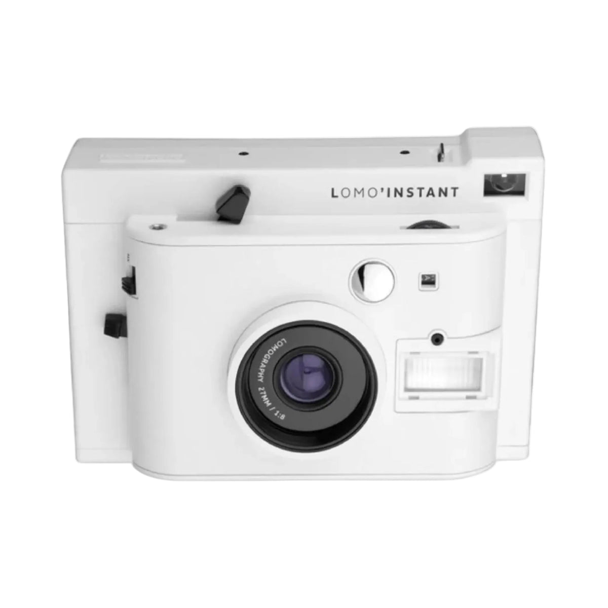 A white Lomography Lomo'Instant Instant Film Camera with a visible lens and flash on a white background.